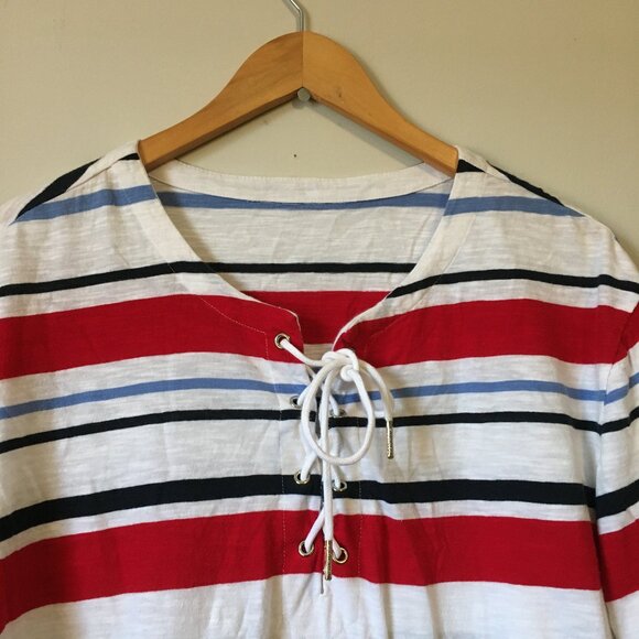 Preppy Cotton Nautical Striped Tie Up Collar Half Sleeve Tee - Picture 3 of 15